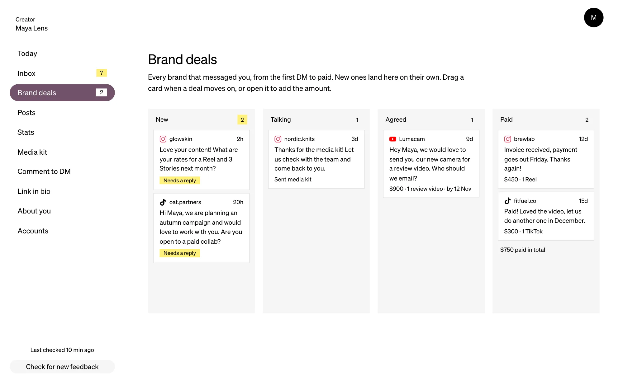mooncrib's brand deals board: deals in New, Talking, Agreed and Paid columns, with amounts and dates.