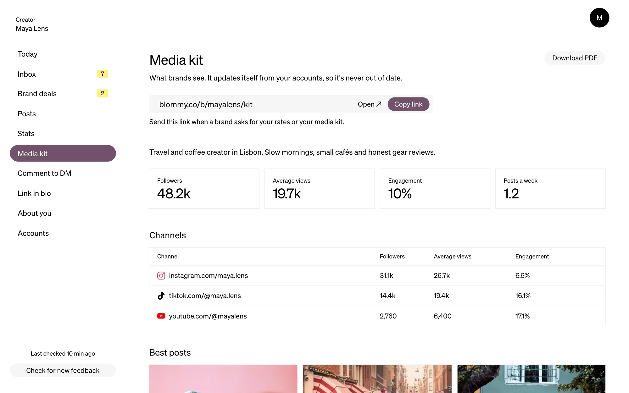 mooncrib's media kit screen: a link to send to brands, followers, average views, engagement and channels.
