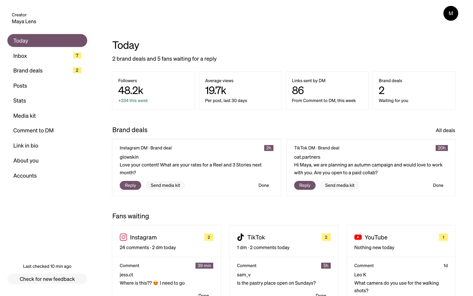 mooncrib's Today screen for creators: followers, average views, links sent by DM and brand deals, then brand deals and fans waiting for a reply.